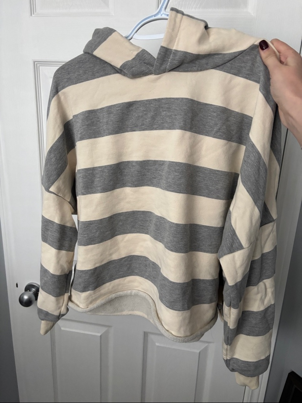 Hooded Striped Sweatshirt - Gray and Cream